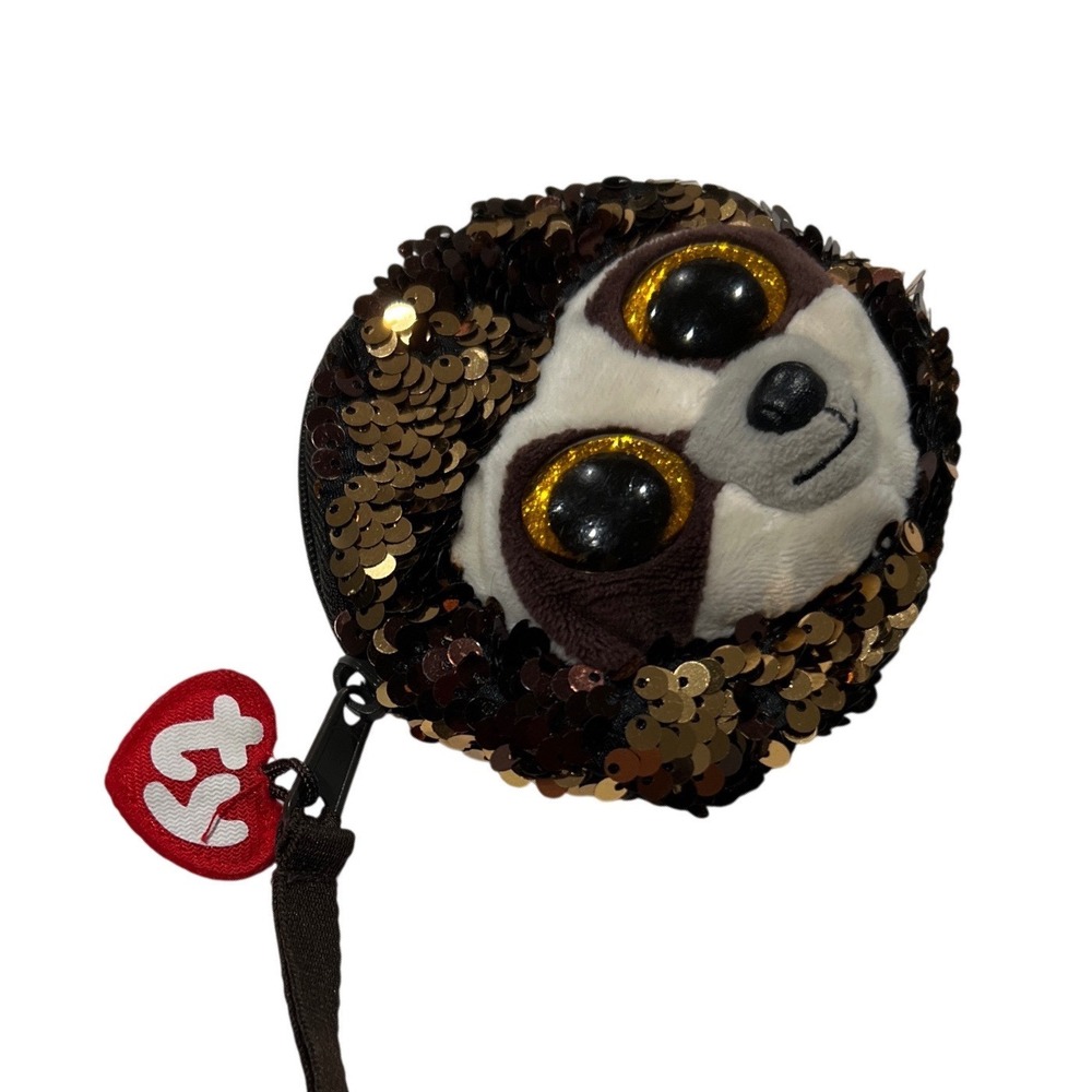 Ty Beanie Boos Dangler Sloth Flippable Sequin Coin Purse Wristlet Brown Gold